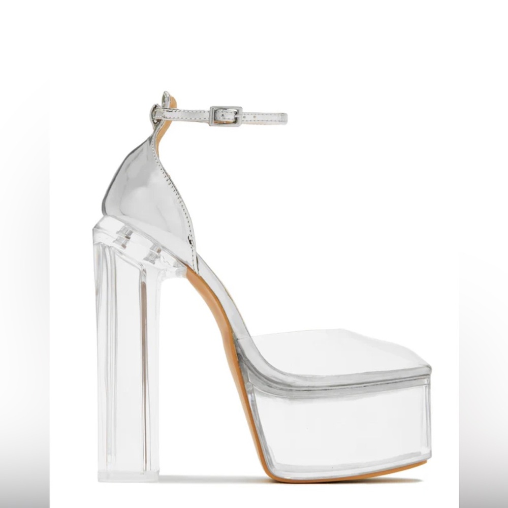 Silver Ankle Strap Platform Block High Heels